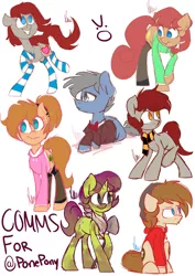 Size: 2480x3508 | Tagged: safe, artist:vanillashineart, derpibooru import, oc, oc:apparently shovel, oc:firetorch, oc:morning wood, oc:ponepony, oc:scarlet topaz, oc:silvershield, oc:zone blitz, unofficial characters only, pony, bandana, beanie, bowtie, clothes, commission, cute, hat, hoodie, leggings, scarf, shovel, socks, stockings, striped socks, sweater, thigh highs