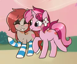 Size: 3000x2500 | Tagged: safe, artist:mimisaurusrex, derpibooru import, oc, oc:ponepony, oc:rosebud, unofficial characters only, pony, clothes, cute, eyeshadow, flower, flower in hair, happy, makeup, socks, striped socks