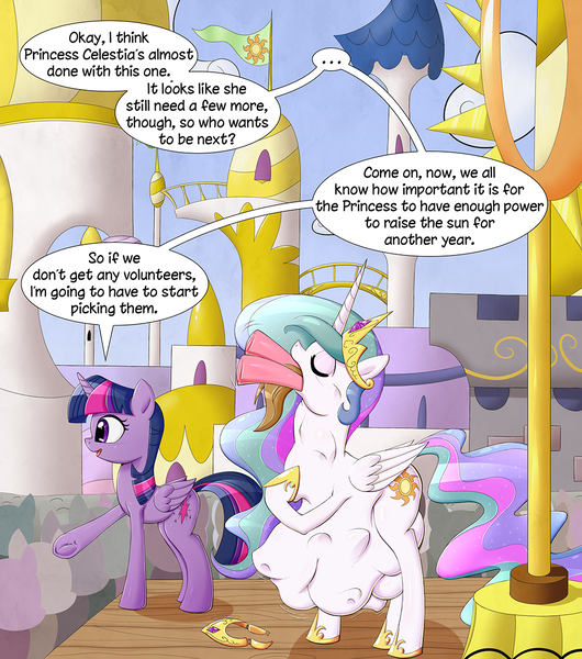 Size: 1000x1133 | Tagged: questionable, artist:deusexequus, derpibooru import, princess celestia, twilight sparkle, twilight sparkle (alicorn), alicorn, pony, belly, dialogue, fetish, multiple prey, princess vorestia, public vore, sacrifice, size difference, summer sun celebration, swallowing, throat bulge, vore, willing vore