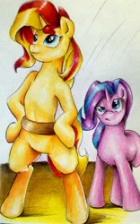 Size: 1997x3210 | Tagged: safe, artist:nolyanimeid, derpibooru import, starlight glimmer, sunset shimmer, pony, unicorn, equestria girls, mirror magic, spoiler:eqg specials, bipedal, duo, female, in the human world for too long, mare, scene interpretation, simple background, traditional art, white background