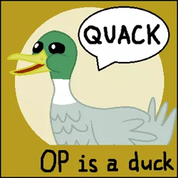 Size: 345x345 | Tagged: artist:watermelon changeling, derpibooru, derpibooru import, duck, meta, ms paint, quack, safe, solo, speech bubble, spoilered image joke