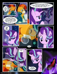 Size: 1275x1650 | Tagged: safe, artist:dsana, derpibooru import, starlight glimmer, sunburst, pony, unicorn, comic:the shadow shard, blushing, comic, duality, female, inner demons, male, mare, reflection, shipping, sleeping, sombra's horn, stallion, starburst, straight, z, zzz