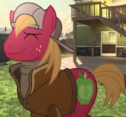 Size: 1024x947 | Tagged: safe, derpibooru import, edit, big macintosh, earth pony, pony, backwards ballcap, baseball cap, black ops, call of duty, cap, clothes, eyes closed, hat, jacket, male, nuketown, smiling, stallion