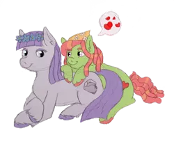 Size: 1024x837 | Tagged: safe, artist:sylver-unicorn, derpibooru import, maud pie, tree hugger, earth pony, pony, female, floral head wreath, flower, heart, lesbian, maudhugger, prone, shipping, simple background, transparent background