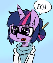 Size: 482x569 | Tagged: artist needed, safe, derpibooru import, sci-twi, twilight sparkle, ponified, pony, unicorn, 4chan, alternate hairstyle, clothes, disgusted, ech, equestria girls ponified, glasses, hair bun, lab coat, messy mane, open mouth, pencil, solo, speech bubble, sweater
