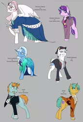 Size: 1313x1914 | Tagged: safe, artist:stuflox, derpibooru import, double diamond, snails, snips, starlight glimmer, trixie, pony, alexei orlov, catherine the great, clothes, count orlov, dress, female, half r63 shipping, male, older, princes elizabeth, raised hoof, reference sheet, rule 63, shipping, startrix, stellar gleam, straight, trixgleam, trixie's fans