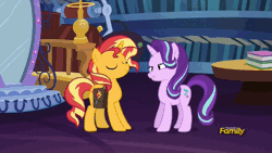 Size: 960x540 | Tagged: safe, derpibooru import, edit, screencap, starlight glimmer, sunset shimmer, unicorn, equestria girls, mirror magic, spoiler:eqg specials, animated, book, close-up, cute, discovery family logo, excited, eye shimmer, faic, frown, gif, glimmerbetes, glimmie, grin, heart eyes, library, looking at each other, loop, portal, saddle bag, scrunchy face, slow motion, smiling, stare, starry eyes, surprised, table, twilight's castle, wide eyes, wingding eyes