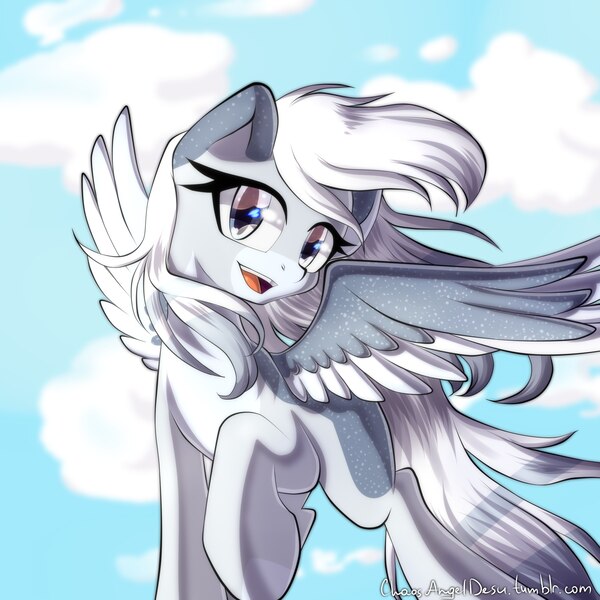 Size: 2000x2000 | Tagged: safe, artist:chaosangeldesu, derpibooru import, oc, unofficial characters only, pegasus, pony, cloud, female, mare, open mouth, raised hoof, solo, spread wings, windswept mane, wings