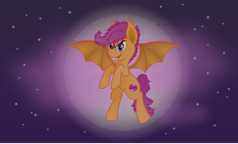 Size: 6427x3900 | Tagged: safe, artist:steam-loco, derpibooru import, scootaloo, bat pony, pony, absurd resolution, bat ponified, fangs, flying, full moon, looking at you, moon, night, night sky, race swap, scootabat, scootaloo can fly, sky, solo, stars, vector