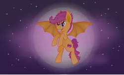 Size: 6427x3900 | Tagged: safe, artist:steam-loco, derpibooru import, scootaloo, bat pony, pony, absurd resolution, bat ponified, fangs, flying, full moon, looking at you, moon, night, night sky, race swap, scootabat, scootaloo can fly, sky, solo, stars, vector