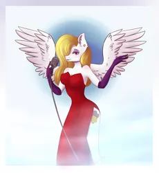 Size: 2620x2850 | Tagged: anthro, artist:shiro-roo, breasts, cleavage, clothes, derpibooru import, dress, ear piercing, evening gloves, female, gloves, hair over one eye, jessica rabbit, jessica rabbit dress, long gloves, microphone, oc, oc:storm shield, pegasus, piercing, safe, side slit, solo, unofficial characters only