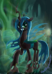 Size: 1414x2000 | Tagged: artist:deathpwny, changeling, derpibooru import, grin, queen chrysalis, safe, smiling, solo