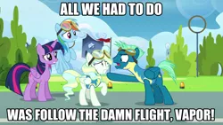 Size: 1920x1080 | Tagged: safe, derpibooru import, edit, edited screencap, screencap, rainbow dash, sky stinger, twilight sparkle, twilight sparkle (alicorn), vapor trail, alicorn, pegasus, pony, top bolt, big smoke, clothes, exploitable meme, female, follow the damn train, goggles, grand theft auto, gta san andreas, hoop, image macro, male, mare, meme, pointing, runway, stallion, uniform, wonderbolt trainee uniform