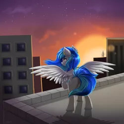 Size: 2000x2000 | Tagged: safe, artist:confetticakez, derpibooru import, oc, oc:coldfire, unofficial characters only, pony, city, cityscape, fangs, female, mare, rear view, rooftop, solo, sunset, wings