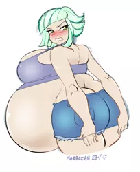 Size: 733x899 | Tagged: artist:marrazan, ass, belly, big belly, big breasts, breasts, busty limestone pie, derpibooru import, female, huge breasts, human, humanized, hyper, hyper pregnancy, impossibly large belly, impossibly large breasts, large butt, limestone pie, limetsun pie, pregnant, pregnant limestone, solo, suggestive, the ass was fat, tsundere
