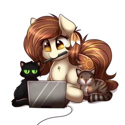 Size: 1000x1000 | Tagged: safe, artist:confetticakez, derpibooru import, oc, oc:raven sun, unofficial characters only, cat, earth pony, pony, computer, female, laptop computer, lying down, mare, pet, solo