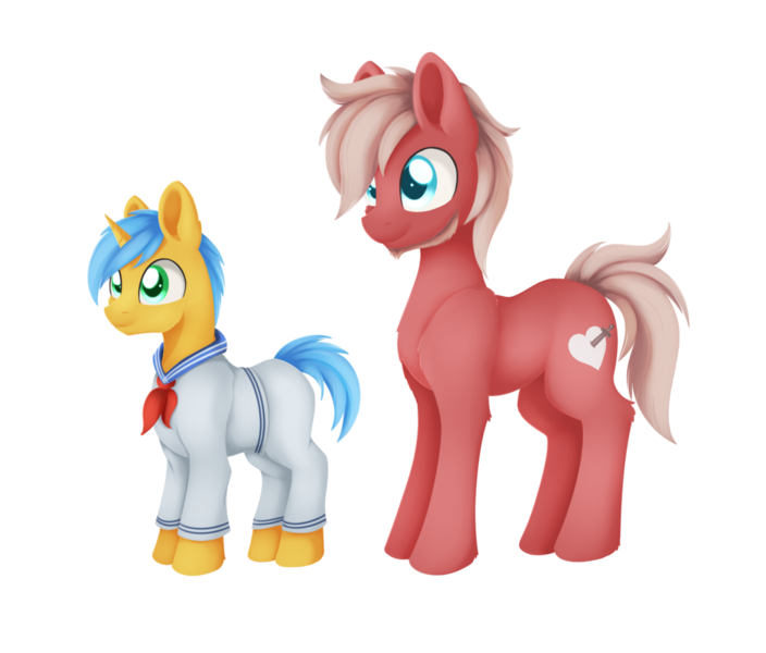 Size: 1024x873 | Tagged: safe, artist:dusthiel, derpibooru import, oc, oc:cold hooves, oc:zephoryn, unofficial characters only, earth pony, pony, unicorn, clothes, colt, male, sailor uniform, simple background, stallion, transparent background