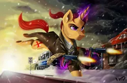 Size: 2560x1664 | Tagged: safe, artist:das_leben, derpibooru import, oc, unofficial characters only, pony, unicorn, clothes, crossover, dual wield, glowing horn, gun, handgun, houses, m1911, male, max payne, muzzle flash, necktie, pistol, road, solo, stallion, weapon, winter