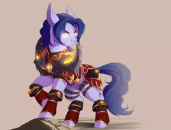 Size: 1280x976 | Tagged: safe, artist:evehly, derpibooru import, oc, oc:madkelevra, unofficial characters only, earth pony, pony, armor, commission, glowing eyes, male, raised hoof, simple background, solo, stallion, warcraft, world of warcraft