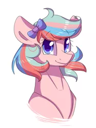 Size: 1772x2369 | Tagged: safe, artist:soundwavepie, derpibooru import, oc, oc:cherie, unofficial characters only, earth pony, pony, bow, bust, colored pupils, female, hair bow, looking at you, mare, portrait, simple background, smiling, solo, white background