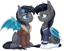 Size: 1270x1012 | Tagged: safe, artist:thegamblehorse, deleted from derpibooru, derpibooru import, oc, oc:moonlitti dusk, oc:seachell, unofficial characters only, bat pony, pony, bomber jacket, clothes, female, jacket, looking at each other, mare, simple background, sitting, smiling, socks, tongue out, transparent background