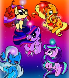 Size: 1700x1920 | Tagged: safe, artist:andromedasparkz, derpibooru import, moondancer, starlight glimmer, sunset shimmer, trixie, twilight sparkle, alicorn, pony, unicorn, abstract background, counterparts, cutie mark, female, g4, glasses, happy, magic, magical quintet, mare, smiling, twilight's counterparts