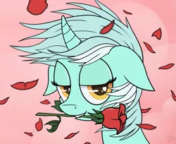 Size: 1229x1003 | Tagged: safe, artist:manual-monaro, derpibooru import, lyra heartstrings, pony, unicorn, bust, curved horn, floppy ears, flower, flower in mouth, flower petals, lidded eyes, looking at you, mouth hold, petals, portrait, rose, rose in mouth, smiling, solo, wind, windswept mane
