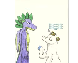 Size: 920x739 | Tagged: safe, artist:songarri0125, derpibooru import, prince blueblood, spike, dragon, pony, unicorn, annoyed, blah, friendship, older, older spike, traditional art, winged spike