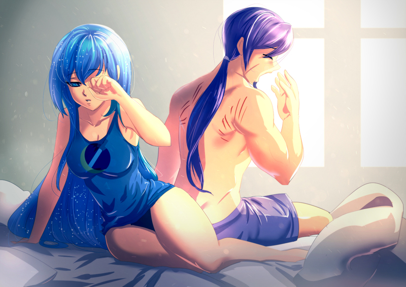 Size: 1400x990 | Tagged: suggestive, artist:bakki, derpibooru import, princess luna, oc, oc:azure night, human, azuna, breasts, canon x oc, commission, female, humanized, male, morning after, rough sex, scratches, shipping, straight, tired, yawn