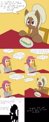 Size: 1600x4000 | Tagged: safe, artist:jake heritagu, derpibooru import, scootaloo, oc, oc:sandy hooves, pony, comic:ask motherly scootaloo, chair, comic, food, hairpin, motherly scootaloo, plate, sandwich, silhouette, sweatshirt, table