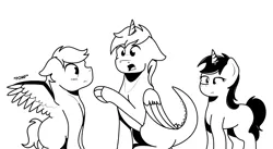 Size: 1220x668 | Tagged: safe, artist:moonlightfan, derpibooru import, oc, unofficial characters only, kirin, original species, pegasus, pony, unicorn, black and white, blushing, female, grayscale, lineart, male, mare, monochrome, pomf, rule 63, spread wings, stallion, wingboner, wings