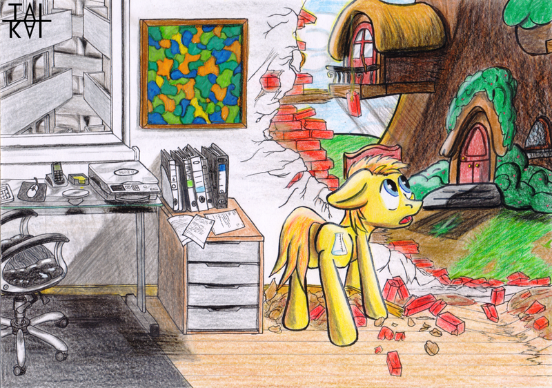 Size: 1280x899 | Tagged: safe, artist:tai kai, derpibooru import, oc, unofficial characters only, pony, chair, dimensional cracks, equestria, golden oaks library, human world, keyboard, portal, printer, rolls, scanner, solo, traditional art, window