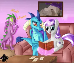 Size: 3500x3000 | Tagged: safe, artist:katakiuchi4u, derpibooru import, princess ember, spike, twilight velvet, dragon, pony, unicorn, baby pictures, book, commission, couch, dragoness, embarrassed, emberspike, eyes closed, female, levitation, magic, male, mare, mother and son, older, older spike, picture, shipping, sitting, smiling, spike's family, straight, telekinesis, thud, trio