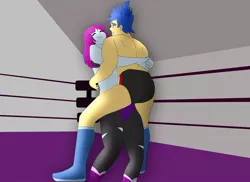 Size: 1600x1163 | Tagged: suggestive, artist:supermaxx92, derpibooru import, flash sentry, mystery mint, equestria girls, bearhug, flashmint, shipping, wrestler, wrestling, wrestling ring