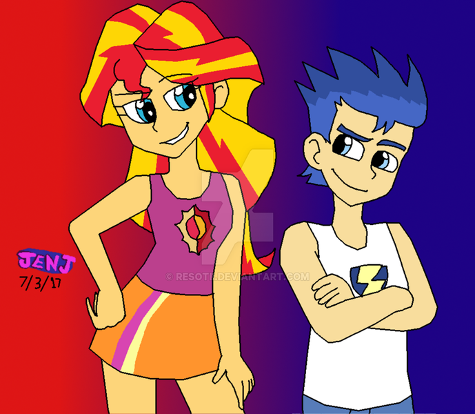 Size: 1024x892 | Tagged: safe, artist:resotii, derpibooru import, flash sentry, sunset shimmer, human, equestria girls, female, flashimmer, humanized, male, shipping, shipping fuel, straight