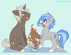 Size: 1372x1064 | Tagged: safe, artist:shamrockpony, derpibooru import, oc, oc:frozen mudslide, oc:silver shaper, unofficial characters only, earth pony, pony, unicorn, cherry, chocolate, colt, food, ice cream, male, silverslide, stallion, sundae, tongue out