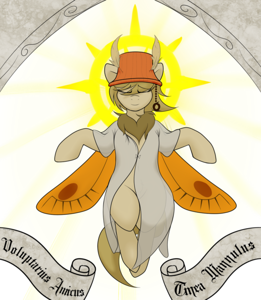 Size: 1228x1409 | Tagged: arch, artist:codras, clothes, derpibooru import, floating, halo, hat, lampshade, lampshade hat, mothpony, oc, oc:lamp, original species, robe, safe, scroll, simple background, solo, unofficial characters only