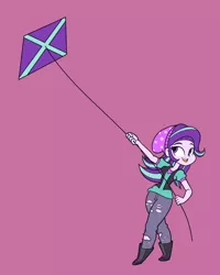 Size: 4000x5000 | Tagged: safe, artist:khuzang, derpibooru import, starlight glimmer, equestria girls, mirror magic, spoiler:eqg specials, beanie, boots, clothes, hat, kite, kite flying, open mouth, pants, purple background, red background, ripped pants, shirt, shoes, simple background, smiling, solo, that pony sure does love kites, thighs, torn clothes, vest