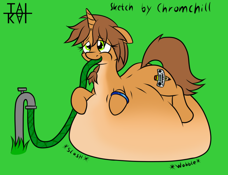 Size: 1000x768 | Tagged: questionable, artist:chromchill12, artist:tai kai, derpibooru import, oc, oc:mercurial keys, unofficial characters only, pony, belly, belly bed, belly inflation, bracelet, drinking, enjoying, female, garden hose, hose, impossibly large belly, inflation, jewelry, pleased, solo, solo female, tube, water inflation