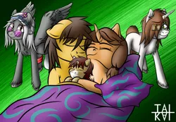 Size: 1280x888 | Tagged: safe, artist:tai kai, derpibooru import, oc, oc:beat, oc:mellow, oc:mercurial keys, oc:redline, oc:tai, unofficial characters only, pony, foal, snuggling