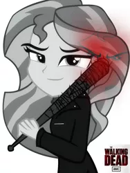 Size: 1082x1440 | Tagged: safe, artist:ngrycritic, derpibooru import, sunset shimmer, equestria girls, amc, baseball bat, clothes, crossover, female, monochrome, negan, negan shimmer, solo, spikes, the walking dead