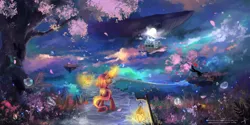 Size: 3464x1732 | Tagged: safe, artist:wilvarin-liadon, derpibooru import, oc, unofficial characters only, pony, whale, bubble, fantasy, lantern, levitation, magic, mansion, night, path, scenery, scenery porn, solo, stars, telekinesis, tree, world