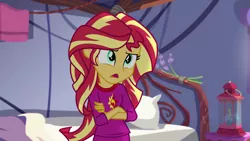 Size: 1280x720 | Tagged: safe, derpibooru import, screencap, sunset shimmer, equestria girls, legend of everfree, bed, clothes, crossed arms, lantern, open mouth, pajamas, pillow, solo, talking, tent