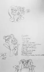 Size: 1826x2975 | Tagged: safe, artist:binkyt11, derpibooru import, oc, oc:duck badge, oc:goosie, unofficial characters only, duck, goose, pegasus, pony, animal, chibi, cousins, derpibooru ponified, female, mare, monochrome, speech bubble, starry eyes, traditional art, vulgar, wingding eyes, wingless