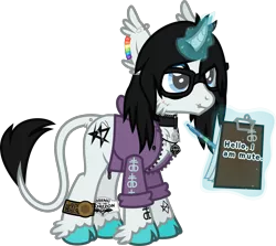Size: 1471x1312 | Tagged: safe, artist:lightningbolt, derpibooru import, oc, oc:silent suture, unofficial characters only, classical unicorn, pony, unicorn, .svg available, bring me the horizon, cheek fluff, chest fluff, choker, clipboard, clothes, cloven hooves, curved horn, dock, dock piercing, drop dead clothing, ear fluff, ear piercing, earring, emo, glasses, glowing horn, hair over one eye, hoodie, hoof fluff, jewelry, keychain, leonine tail, lip piercing, male, mute, necklace, paper, pen, piercing, pulled up sleeve, rainbow, safety pin, scar, simple background, smiling, solo, stallion, sticker, stitches, svg, tail fluff, tattoo, transparent background, unshorn fetlocks, unzipped, vector, wristband, zipper
