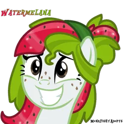 Size: 809x809 | Tagged: safe, artist:monkfishyadopts, derpibooru import, oc, oc:watermelana, unofficial characters only, pony, awkward smile, base used, bust, freckles, headband, melon, portrait, simple background, smiling, solo, transparent background