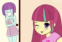 Size: 1000x684 | Tagged: suggestive, artist:electricshine, artist:sourflare, derpibooru import, sour sweet, sunny flare, equestria girls, breasts, clothes, female, freckles, lesbian, looking at you, one eye closed, open mouth, partial nudity, selfie, shipping, small breasts, smiling, sourflare, surprised, tongue out, towel, tumblr, wink