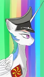 Size: 1000x1750 | Tagged: safe, artist:evil-spider, derpibooru import, princess celestia, alicorn, pony, armband, bust, colored pupils, ear fluff, female, hat, mare, national socialist german workers' party, nazi, peaked cap, profile, solo