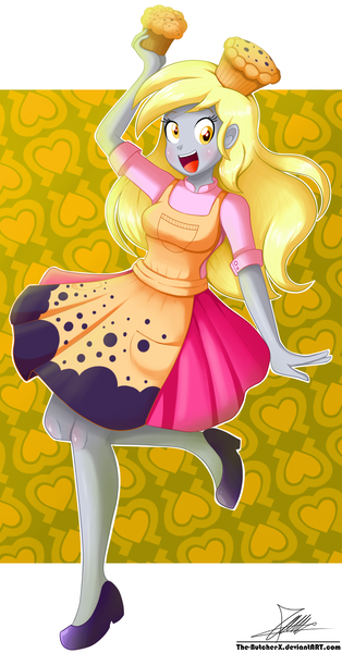 Size: 1104x2110 | Tagged: safe, artist:the-butch-x, derpibooru import, derpy hooves, equestria girls, clothes, commission, dress, female, food, muffin, open mouth, raised leg, signature, solo