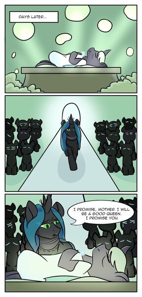 Size: 619x1290 | Tagged: safe, artist:ruthawesome19, derpibooru import, queen chrysalis, changeling, comic, dialogue, flower, funeral, funeral dress